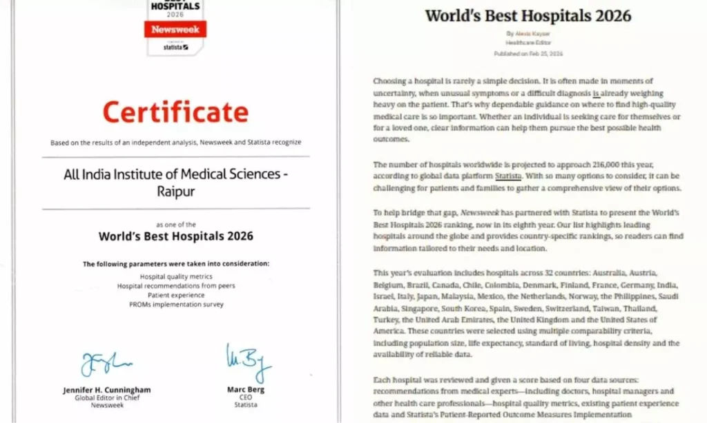 AIIMS Raipur Ranked Among India’s Best Hospitals in Newsweek 2026, Tops New AIIMS Category
